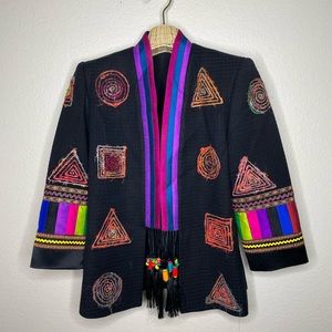Tribal Ethnic Tassel Silk Embellished Artsy Jacket Blazer 42 US 8-10 Hmong